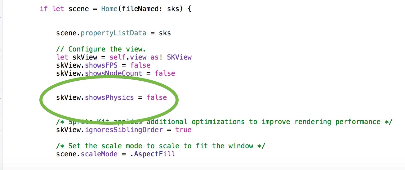 Showing physics for Players in the Sprite Kit Swift file 